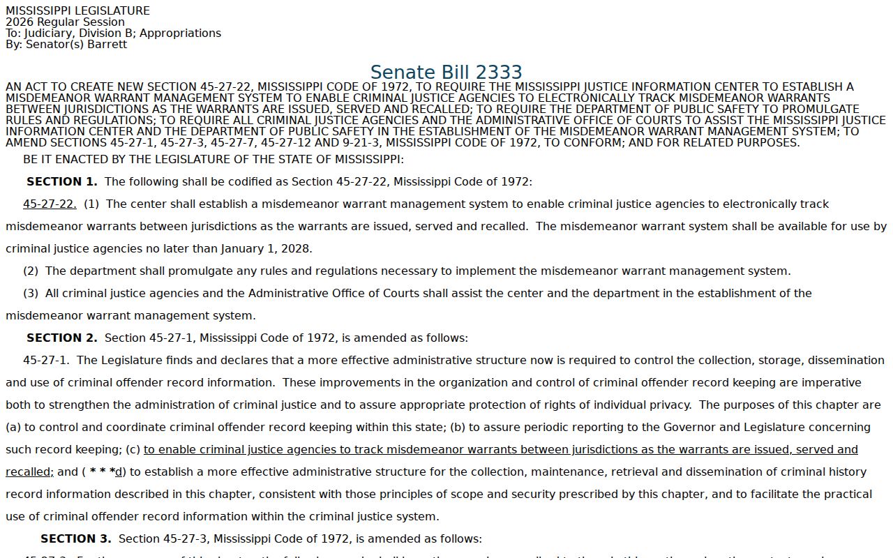 Mississippi warrant records reference image of proposed Senate Bill 2333 misdemeanor warrant management text