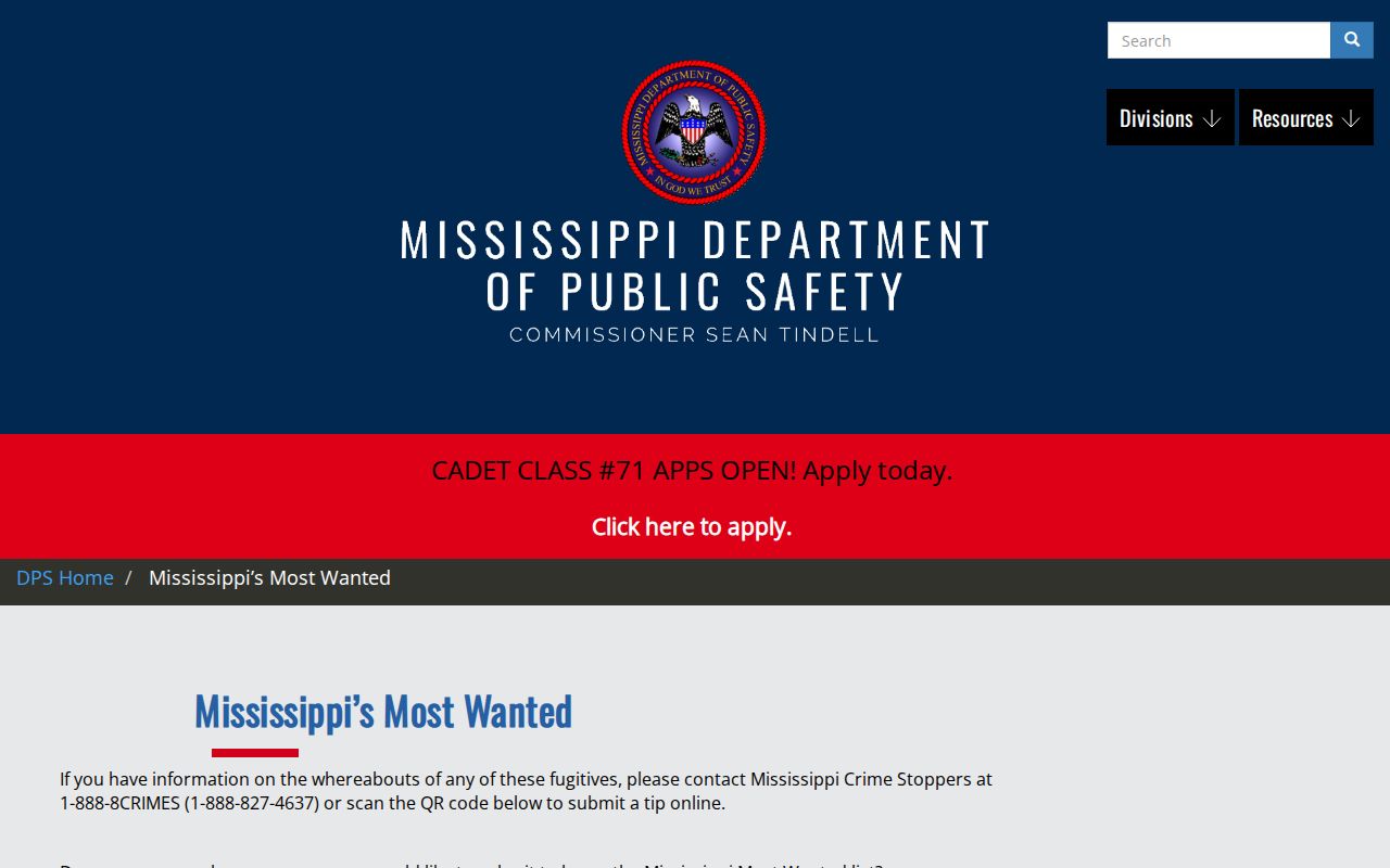 Mississippi warrant records reference image of the official Most Wanted program heading and tip route