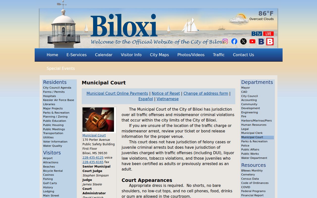Mississippi traffic warrant context from the Biloxi Municipal Court information page