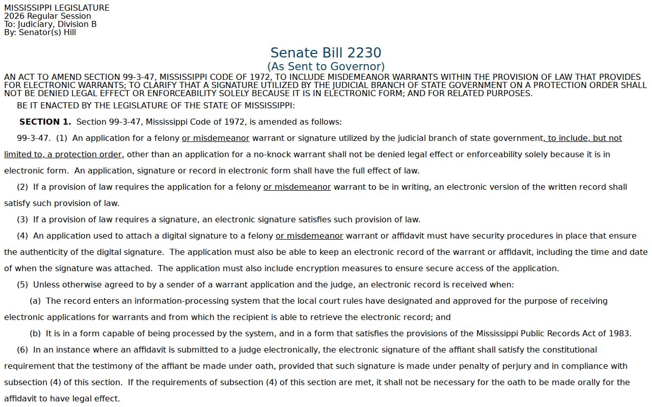 Mississippi warrant records reference image of 2026 electronic warrant application legislation