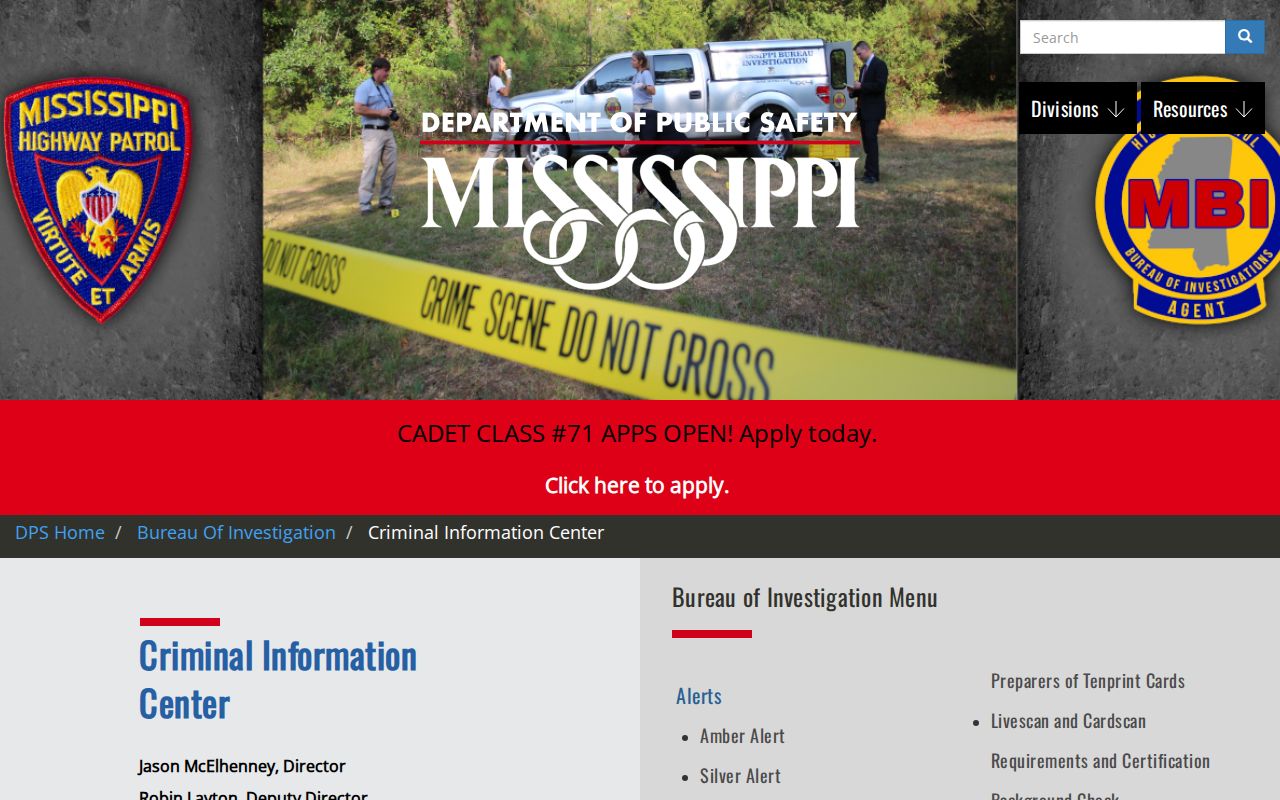 Mississippi warrant records reference image of the DPS Criminal Information Center public page